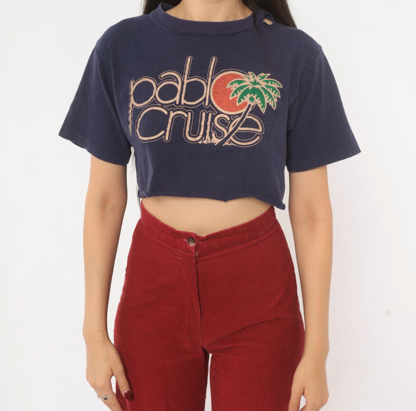 80s Pablo Cruise Band Tee Crop Top Navy Blue Cotton Short Sleeve Concert Shirt Distressed Rock Music Print Palm Tree Vintage Cropped Small S