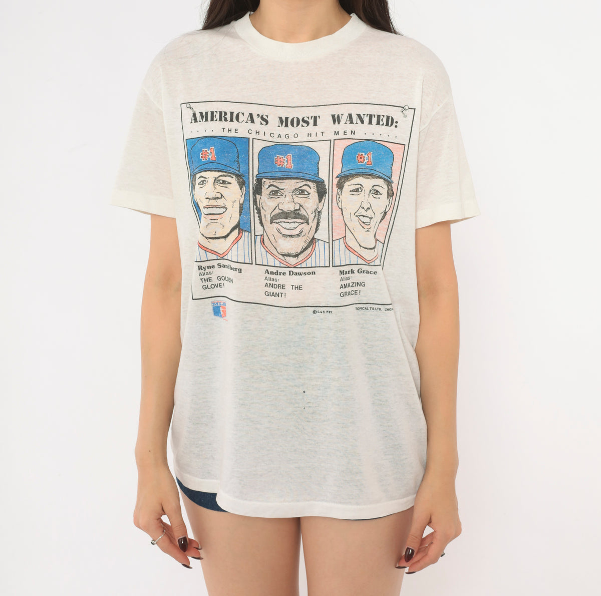 80s Chicago Cubs T Shirt 1989 MLB Baseball Graphic Tee White Cotton Ryne Sandberg Andre Dawson Mark Grace Americas Most Wanted Crew Neck Short Sleeve Sports Top Small S