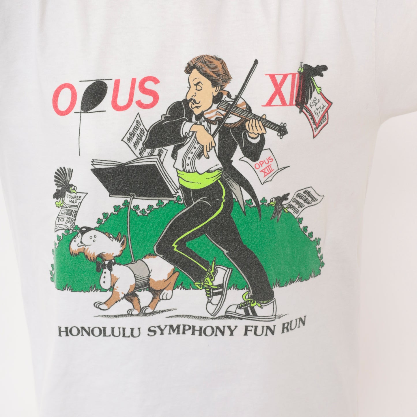Opus XIII Honolulu Symphony Fun Run Tee 90s Crazy Shirt Violin Cartoon White Cotton Music Event Hawaii  Print Illustrated Unisex Medium M