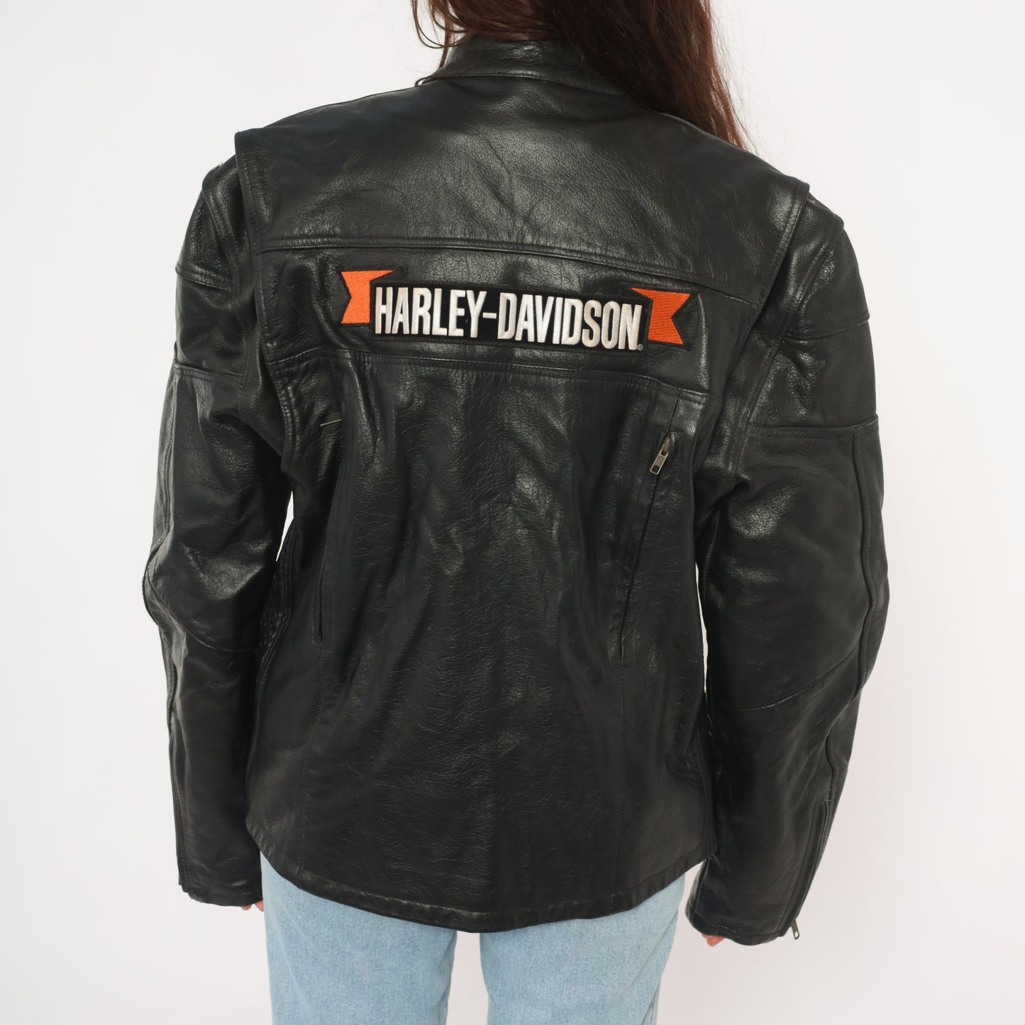 Harley Davidson Leather Jacket 90s Black Motorcycle Coat Biker Riding Padded Shoulder Moto Cruise Streetwear Cafe Racer Punk Rock Large L