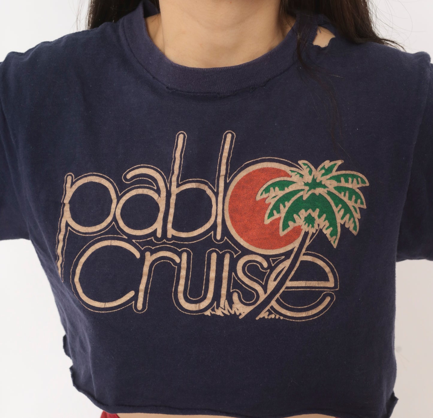 80s Pablo Cruise Band Tee Crop Top Navy Blue Cotton Short Sleeve Concert Shirt Distressed Rock Music Print Palm Tree Vintage Cropped Small S