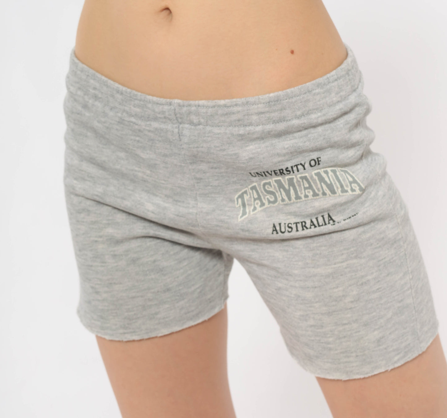 Champion Grey Sweat Shorts University Tasmania Cut Off Raw Hem Elastic Waist Athletic Cotton Ash Lounge Collegiate Preppy Casual Vintage Bottoms Small S
