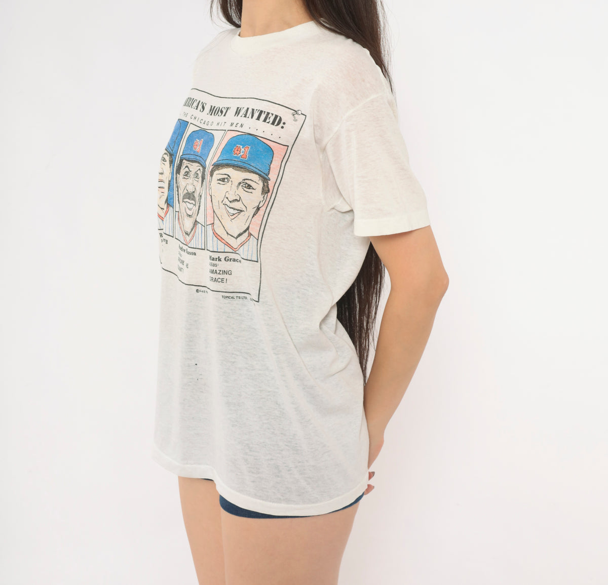 80s Chicago Cubs T Shirt 1989 MLB Baseball Graphic Tee White Cotton Ryne Sandberg Andre Dawson Mark Grace Americas Most Wanted Crew Neck Short Sleeve Sports Top Small S