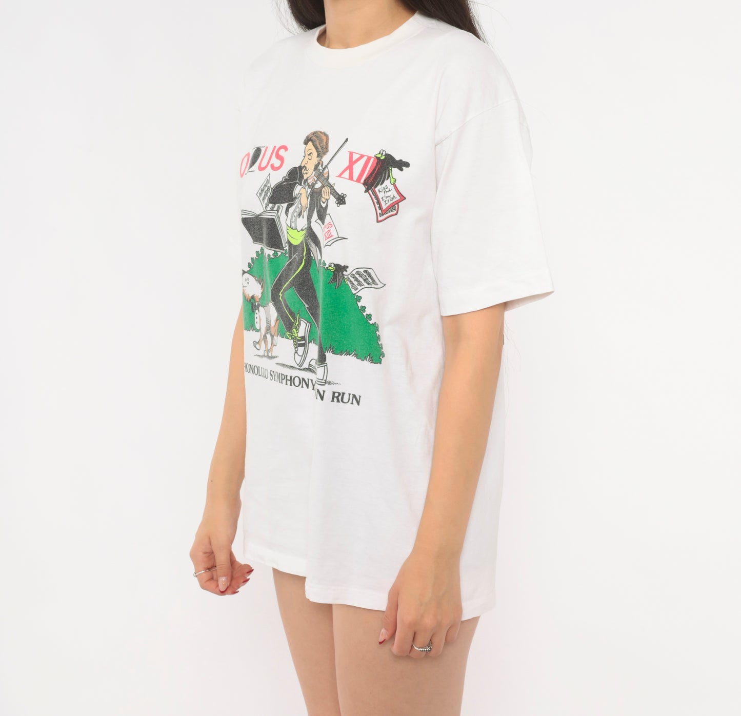 Opus XIII Honolulu Symphony Fun Run Tee 90s Crazy Shirt Violin Cartoon White Cotton Music Event Hawaii  Print Illustrated Unisex Medium M