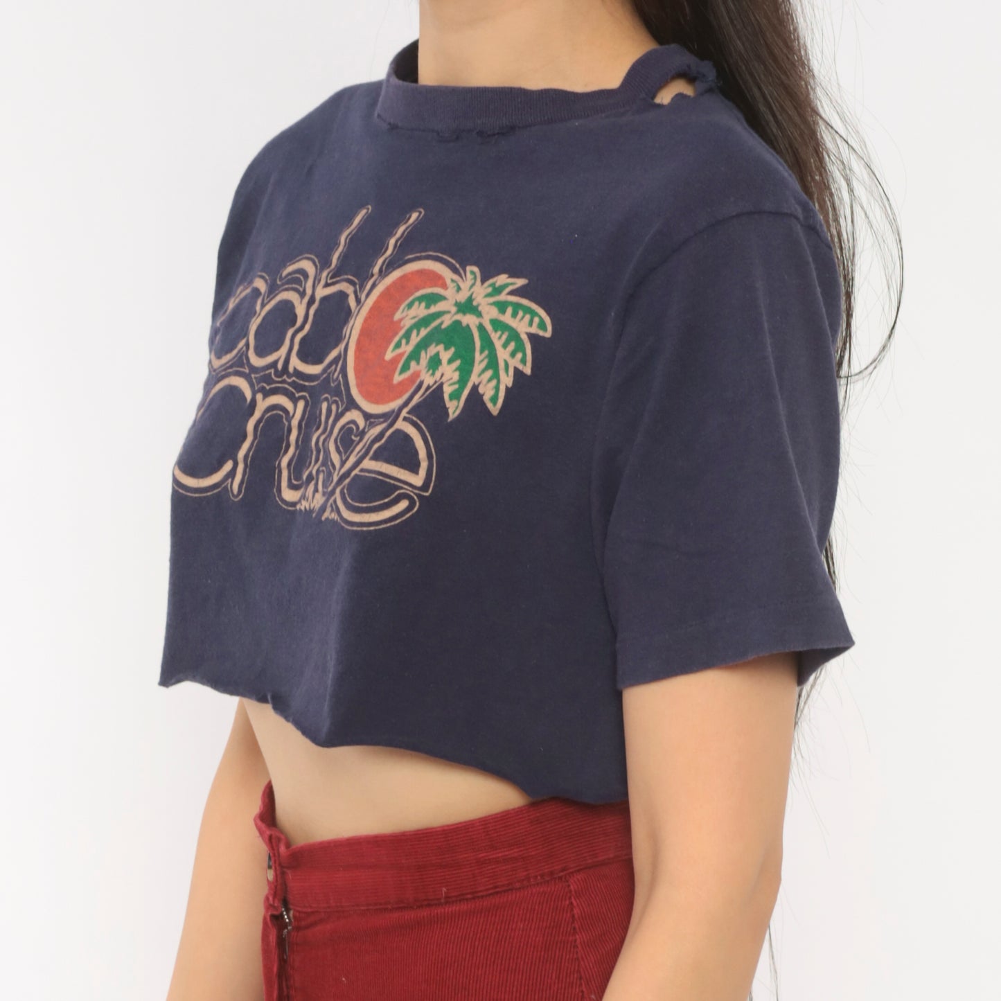 80s Pablo Cruise Band Tee Crop Top Navy Blue Cotton Short Sleeve Concert Shirt Distressed Rock Music Print Palm Tree Vintage Cropped Small S