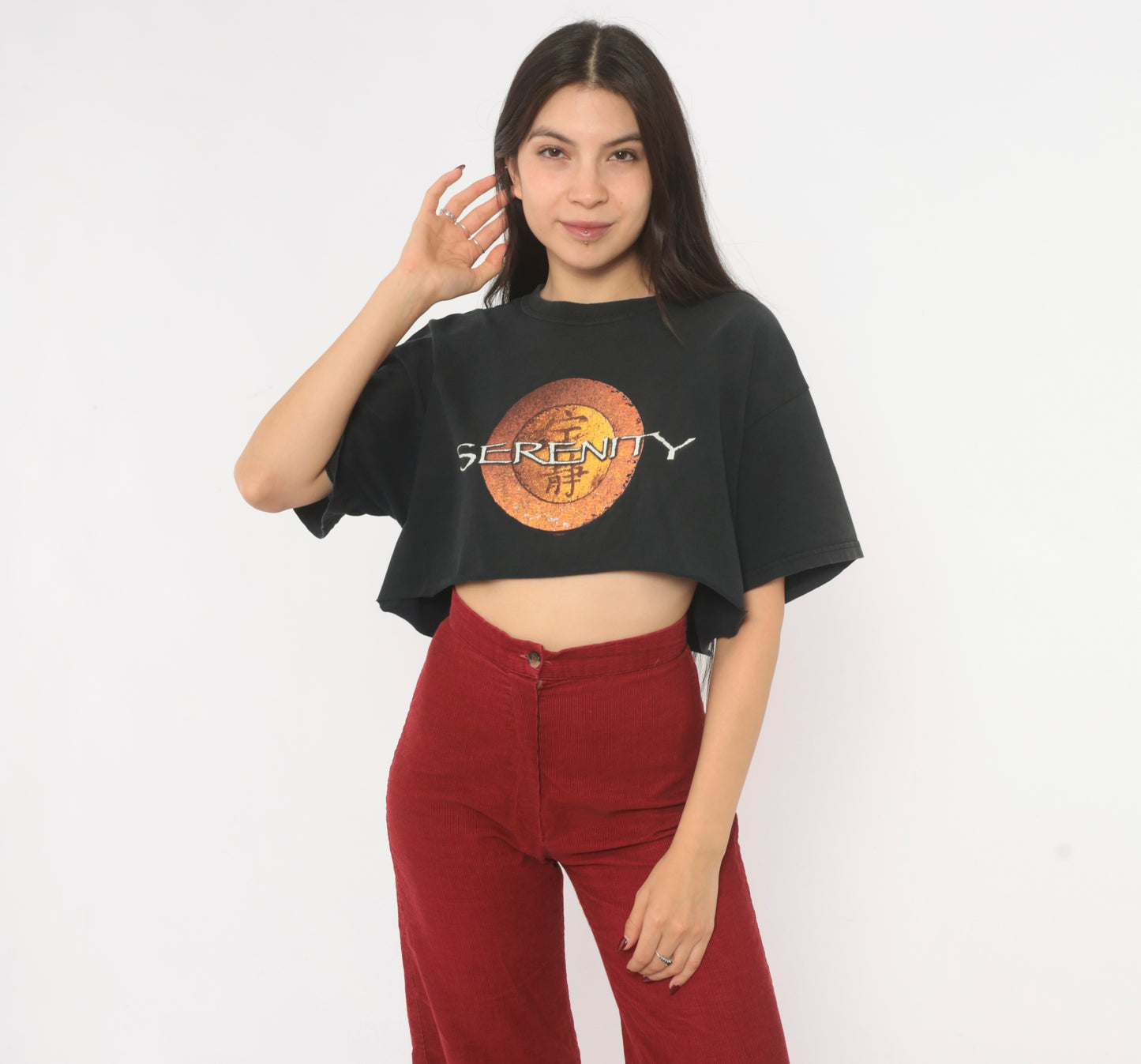 Serenity Firefly Crop Top Black Tee Sci Fi Movie Cotton Boxy Cropped Shirt 2000s Orange Gold Fandom Short Sleeve Vintage Medium M