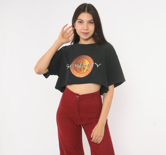 Serenity Firefly Crop Top Black Tee Sci Fi Movie Cotton Boxy Cropped Shirt 2000s Orange Gold Fandom Short Sleeve Vintage Medium M