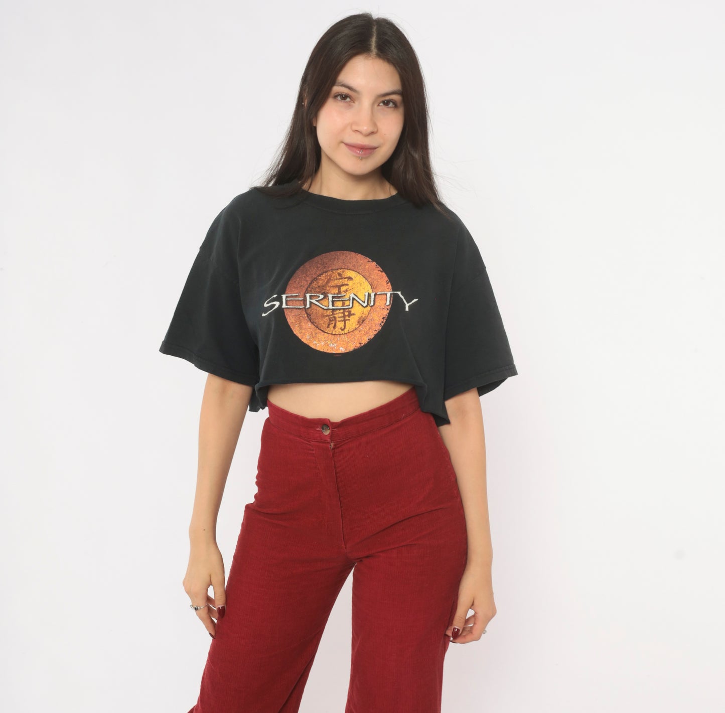 Serenity Firefly Crop Top Black Tee Sci Fi Movie Cotton Boxy Cropped Shirt 2000s Orange Gold Fandom Short Sleeve Vintage Medium M
