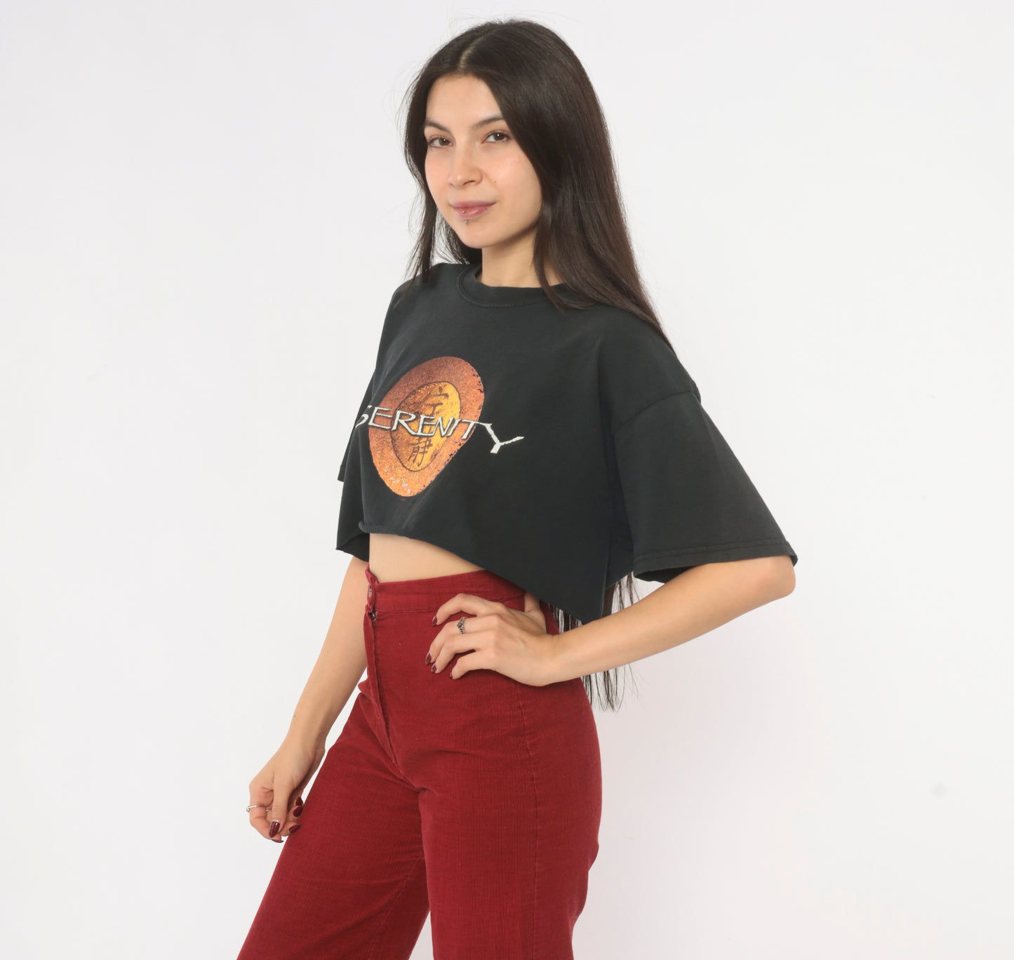 Serenity Firefly Crop Top Black Tee Sci Fi Movie Cotton Boxy Cropped Shirt 2000s Orange Gold Fandom Short Sleeve Vintage Medium M