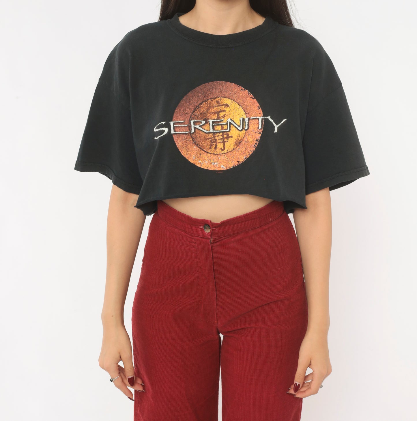 Serenity Firefly Crop Top Black Tee Sci Fi Movie Cotton Boxy Cropped Shirt 2000s Orange Gold Fandom Short Sleeve Vintage Medium M