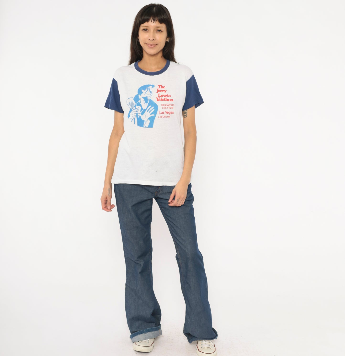 Jerry Lewis Telethon 80s Ringer Tee White Navy Blue Contrast Sleeve Cotton Las Vegas Labor Day Comedy Television Vintage Shirt Large L