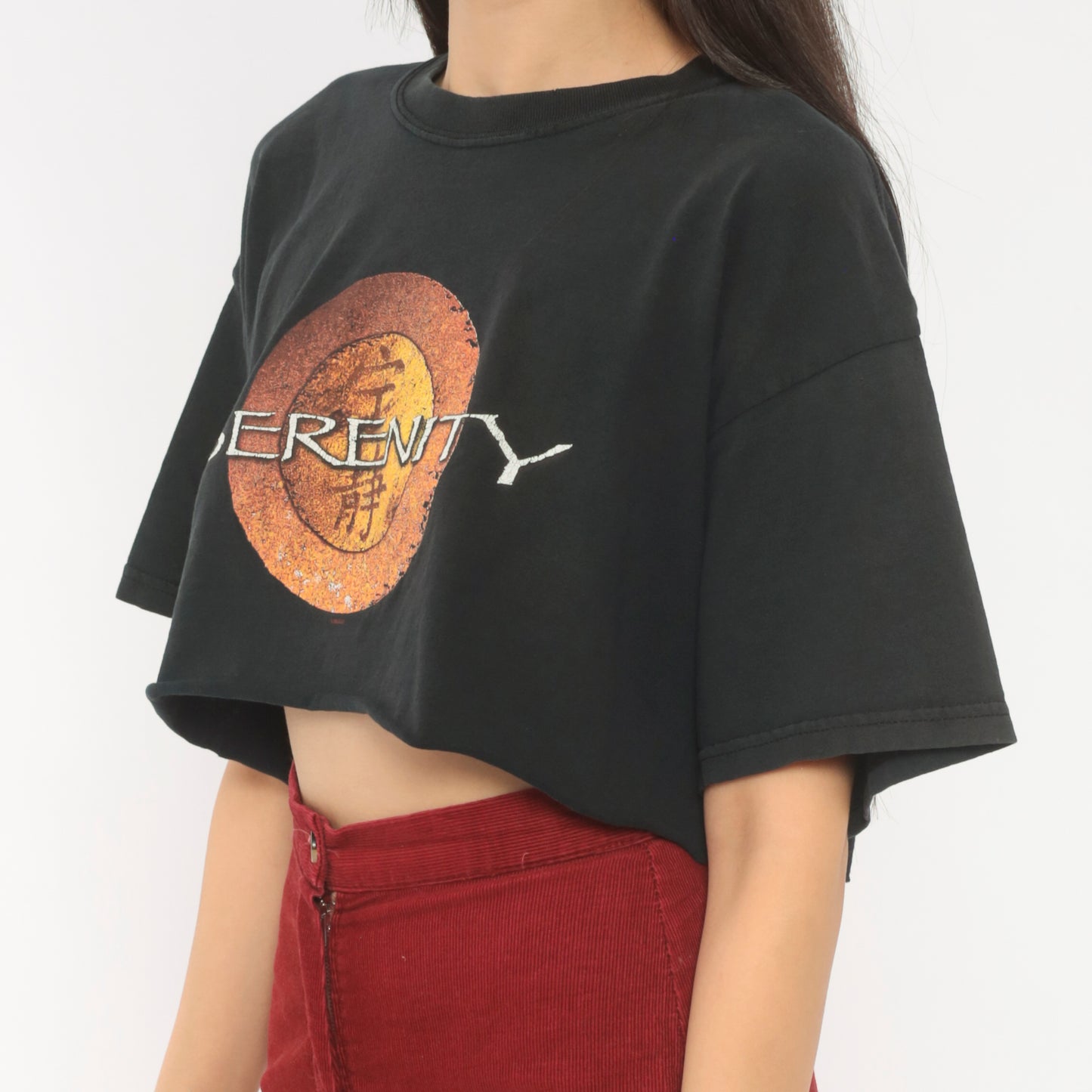 Serenity Firefly Crop Top Black Tee Sci Fi Movie Cotton Boxy Cropped Shirt 2000s Orange Gold Fandom Short Sleeve Vintage Medium M