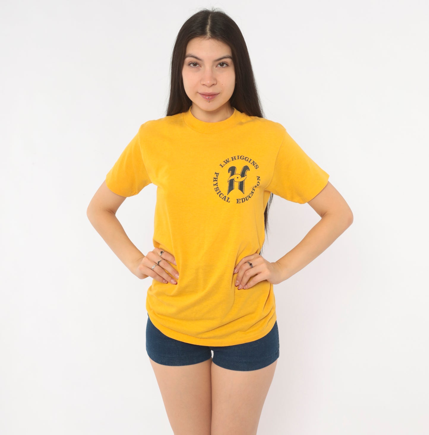 80s L.W. Higgins School Gym Shirt Mustard Physical Education Tee Gold Cotton Print Collegiate Preppy Athletic Vintage Short Sleeve Small S