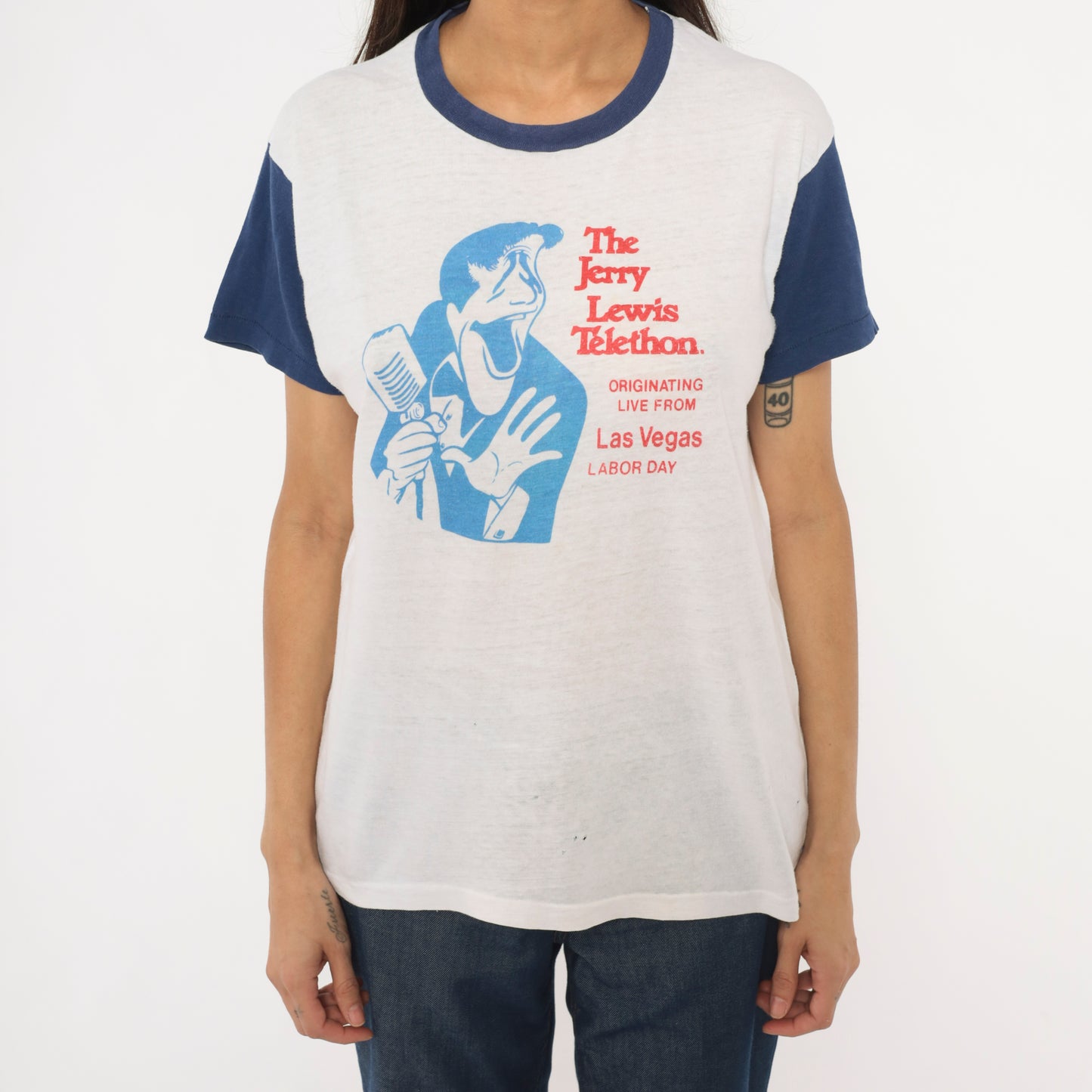 Jerry Lewis Telethon 80s Ringer Tee White Navy Blue Contrast Sleeve Cotton Las Vegas Labor Day Comedy Television Vintage Shirt Large L