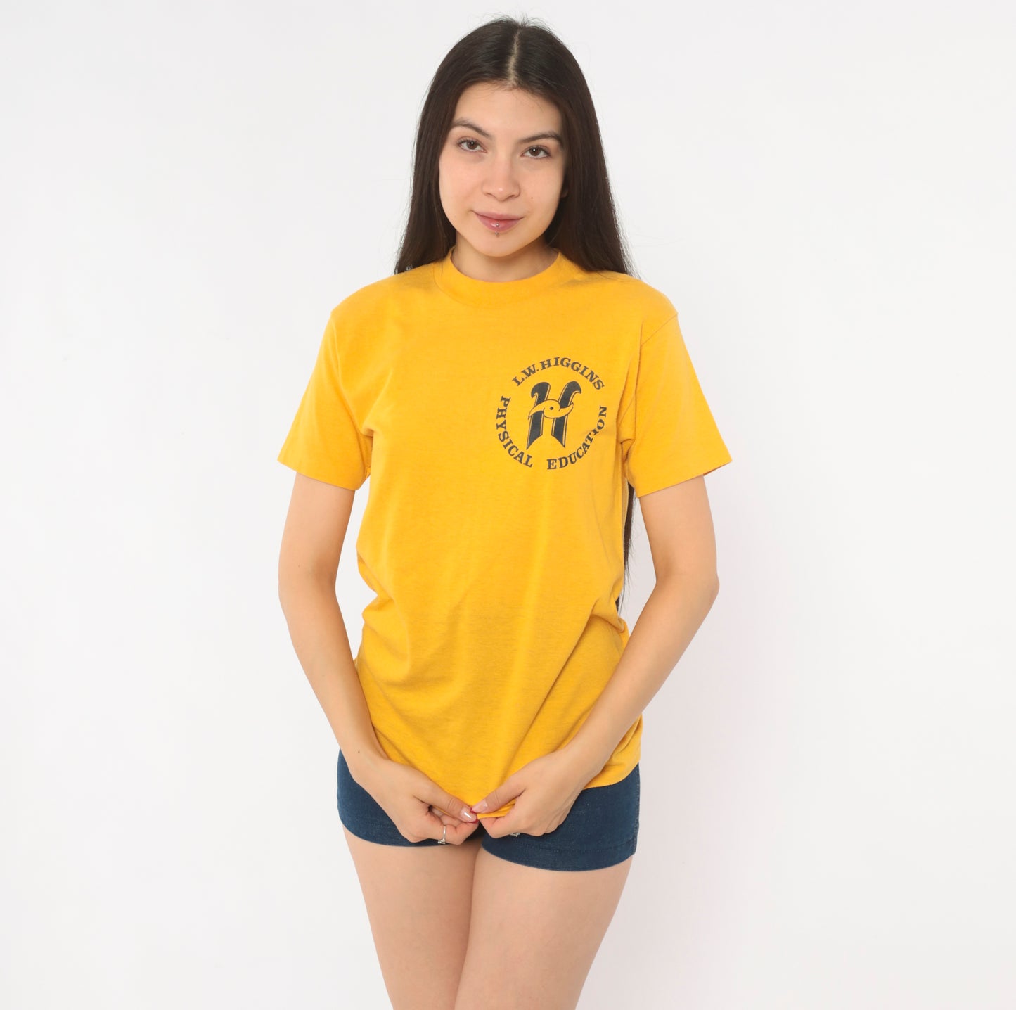 80s L.W. Higgins School Gym Shirt Mustard Physical Education Tee Gold Cotton Print Collegiate Preppy Athletic Vintage Short Sleeve Small S