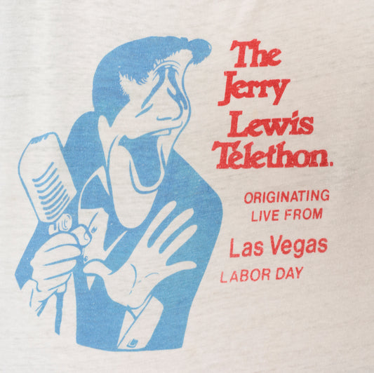 Jerry Lewis Telethon 80s Ringer Tee White Navy Blue Contrast Sleeve Cotton Las Vegas Labor Day Comedy Television Vintage Shirt Large L