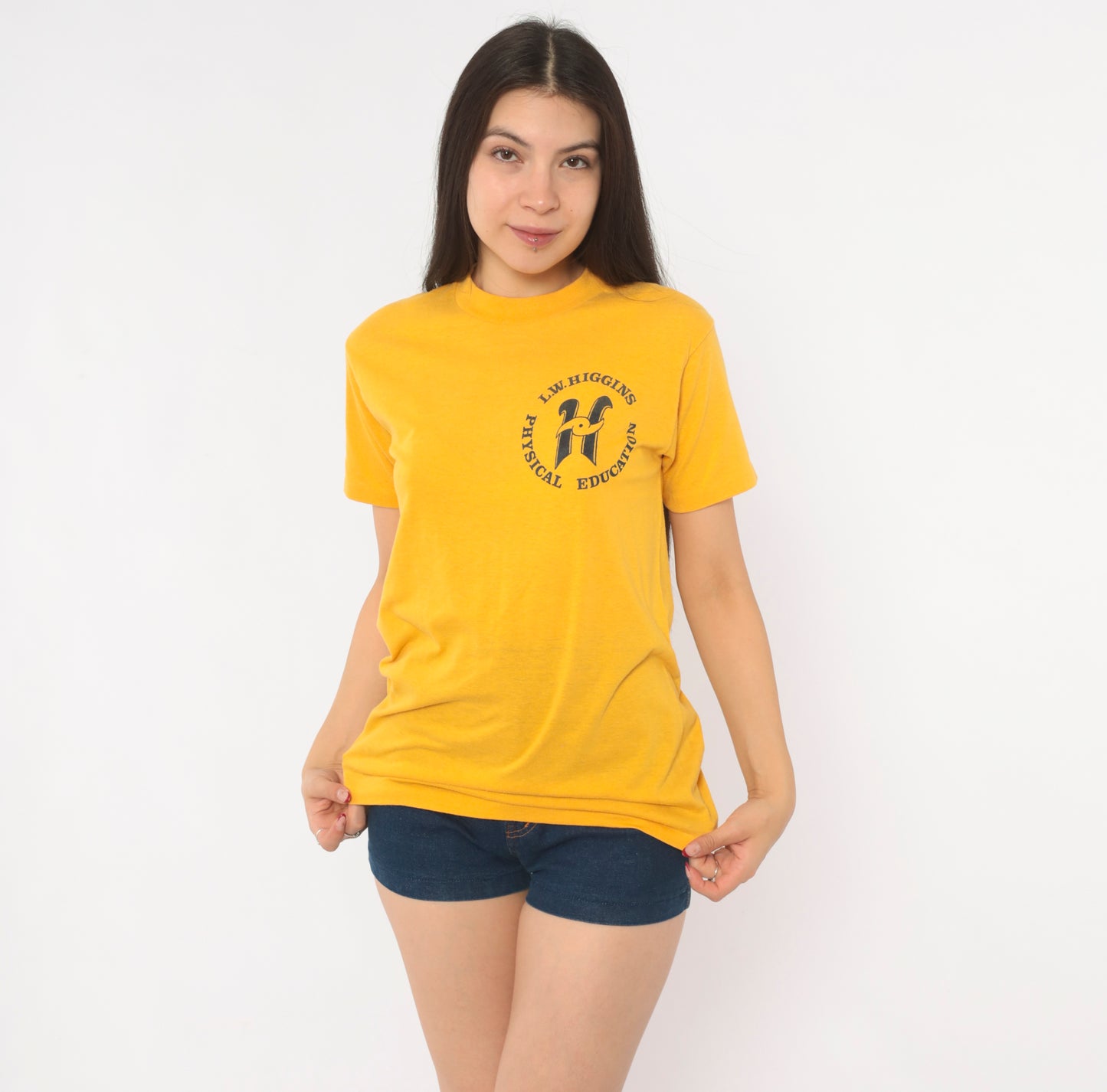 80s L.W. Higgins School Gym Shirt Mustard Physical Education Tee Gold Cotton Print Collegiate Preppy Athletic Vintage Short Sleeve Small S