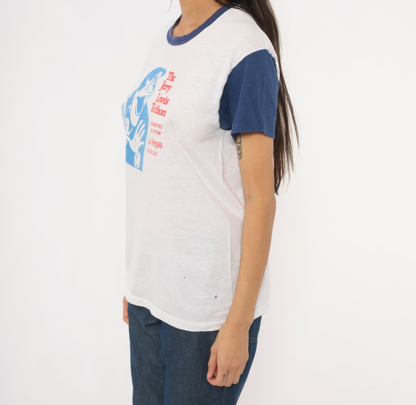 Jerry Lewis Telethon 80s Ringer Tee White Navy Blue Contrast Sleeve Cotton Las Vegas Labor Day Comedy Television Vintage Shirt Large L