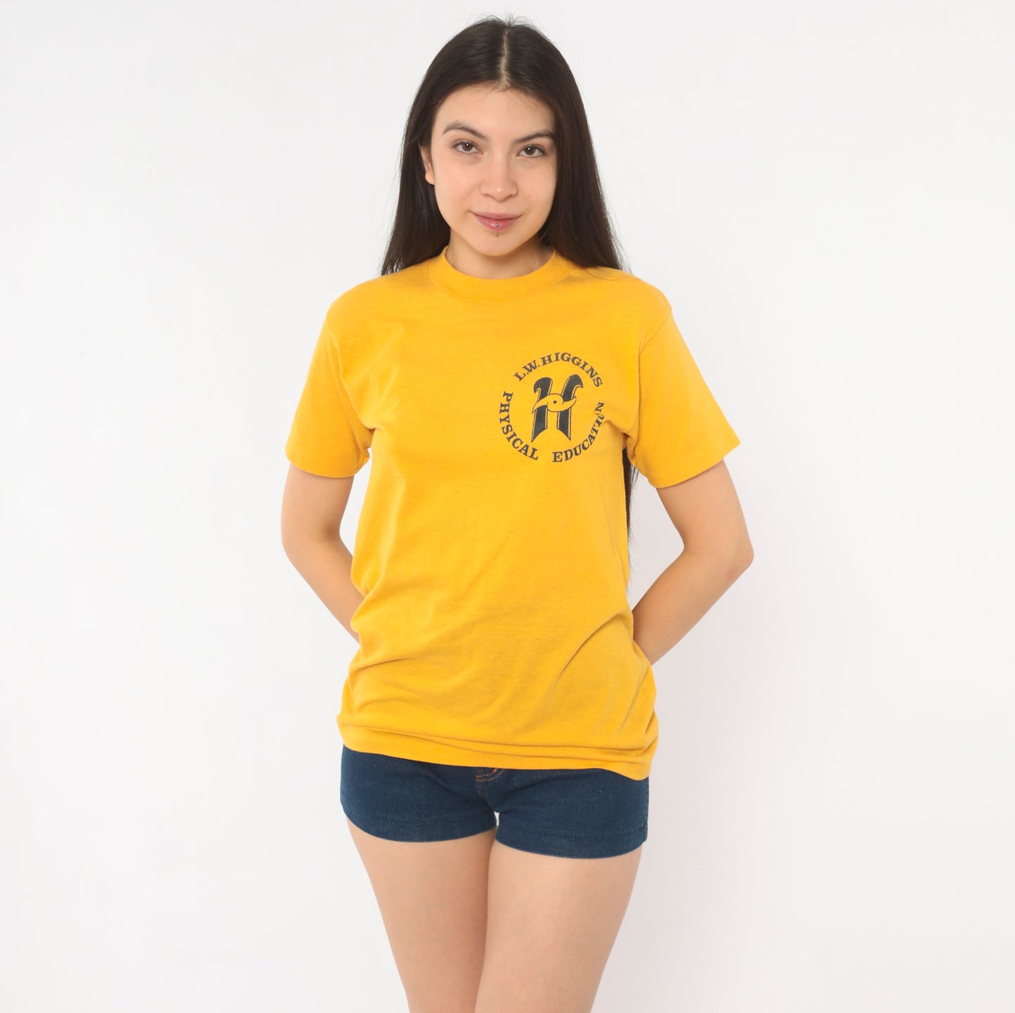 80s L.W. Higgins School Gym Shirt Mustard Physical Education Tee Gold Cotton Print Collegiate Preppy Athletic Vintage Short Sleeve Small S