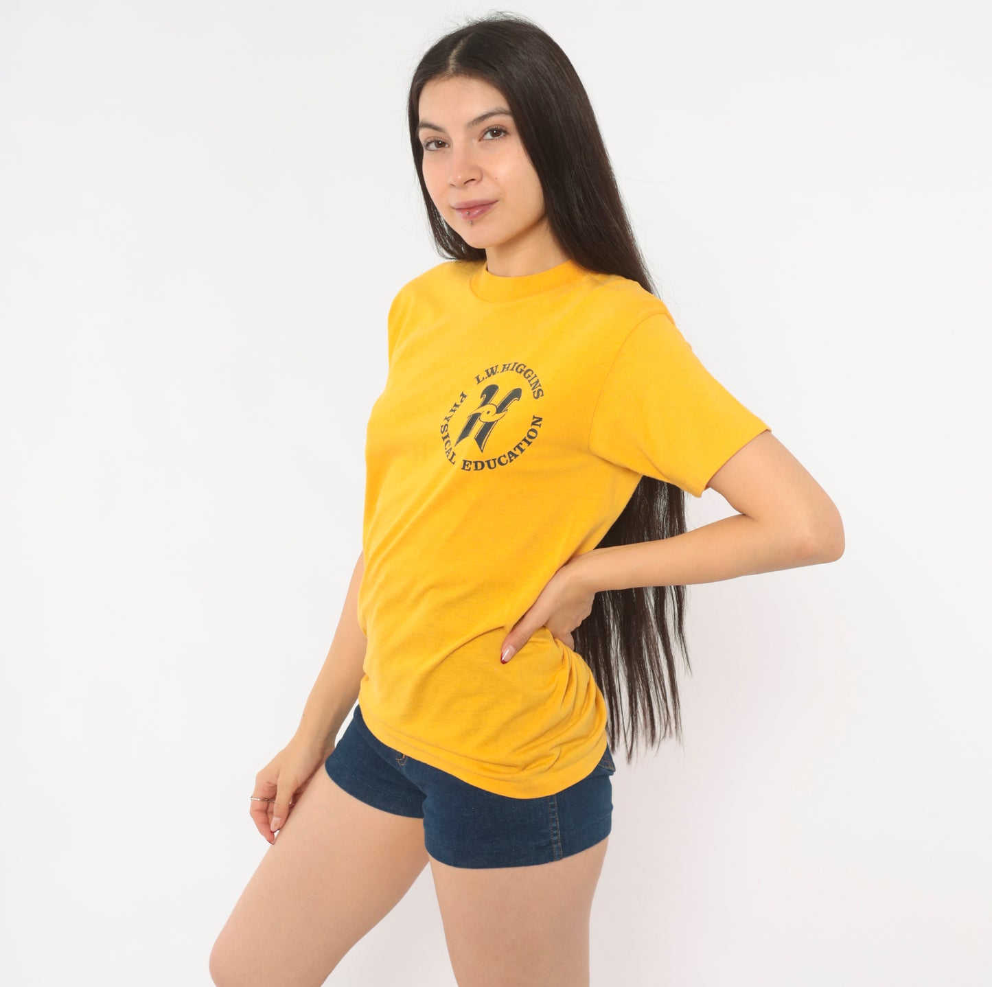 80s L.W. Higgins School Gym Shirt Mustard Physical Education Tee Gold Cotton Print Collegiate Preppy Athletic Vintage Short Sleeve Small S