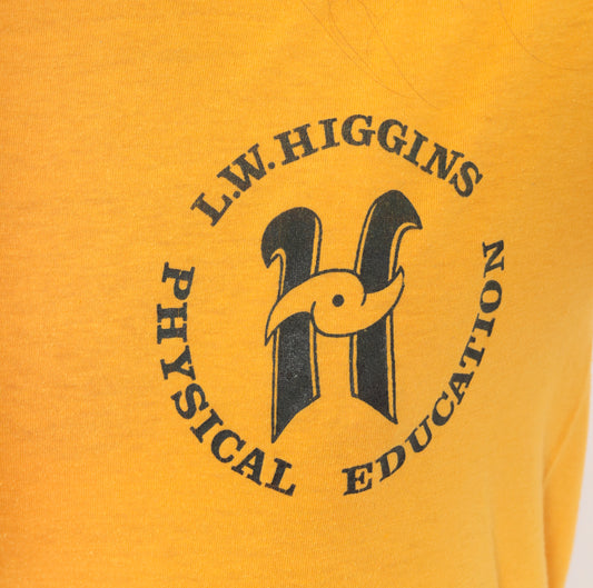 80s L.W. Higgins School Gym Shirt Mustard Physical Education Tee Gold Cotton Print Collegiate Preppy Athletic Vintage Short Sleeve Small S