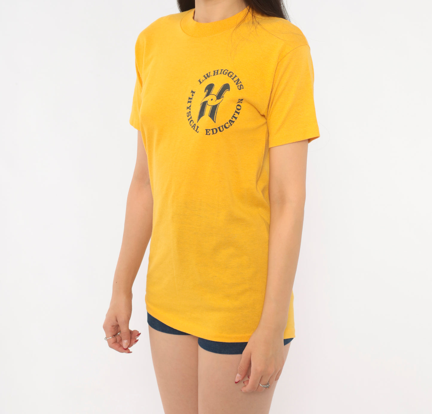 80s L.W. Higgins School Gym Shirt Mustard Physical Education Tee Gold Cotton Print Collegiate Preppy Athletic Vintage Short Sleeve Small S