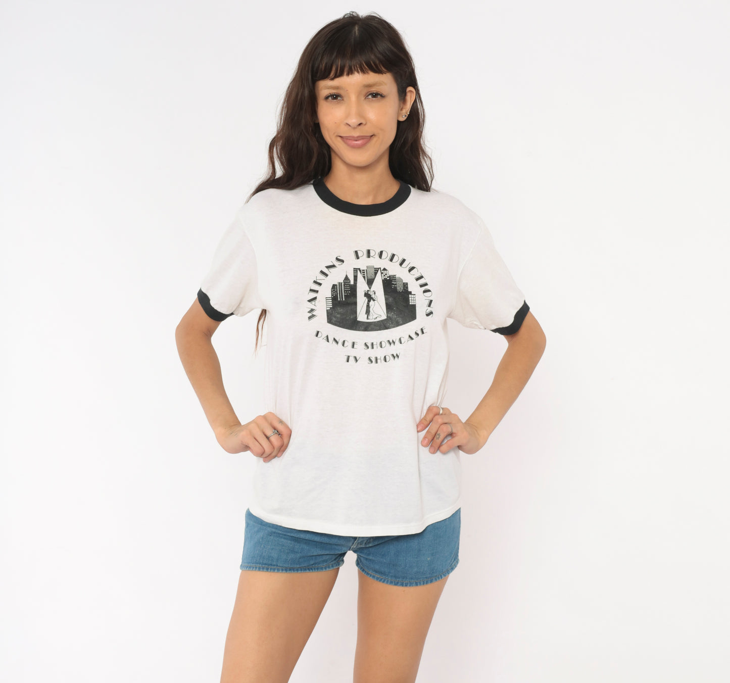 90s Watkins Productions Dance Showcase TV Show Ringer Tee Graphic Print White Black Trim Cotton Vintage Unisex Shirt Top Indie Large L