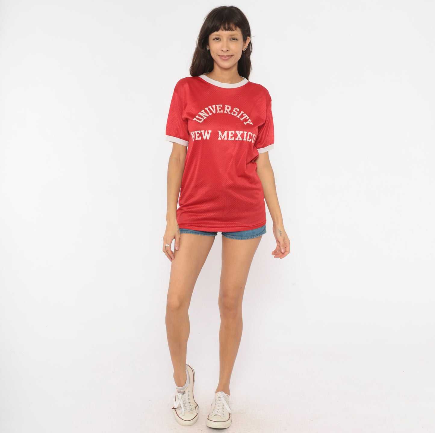 80s University New Mexico Mesh Jersey Red Cherry Athletic Collegiate Ringer Tee Short Sleeve Sporty Varsity Practice Shirt Vintage Medium M