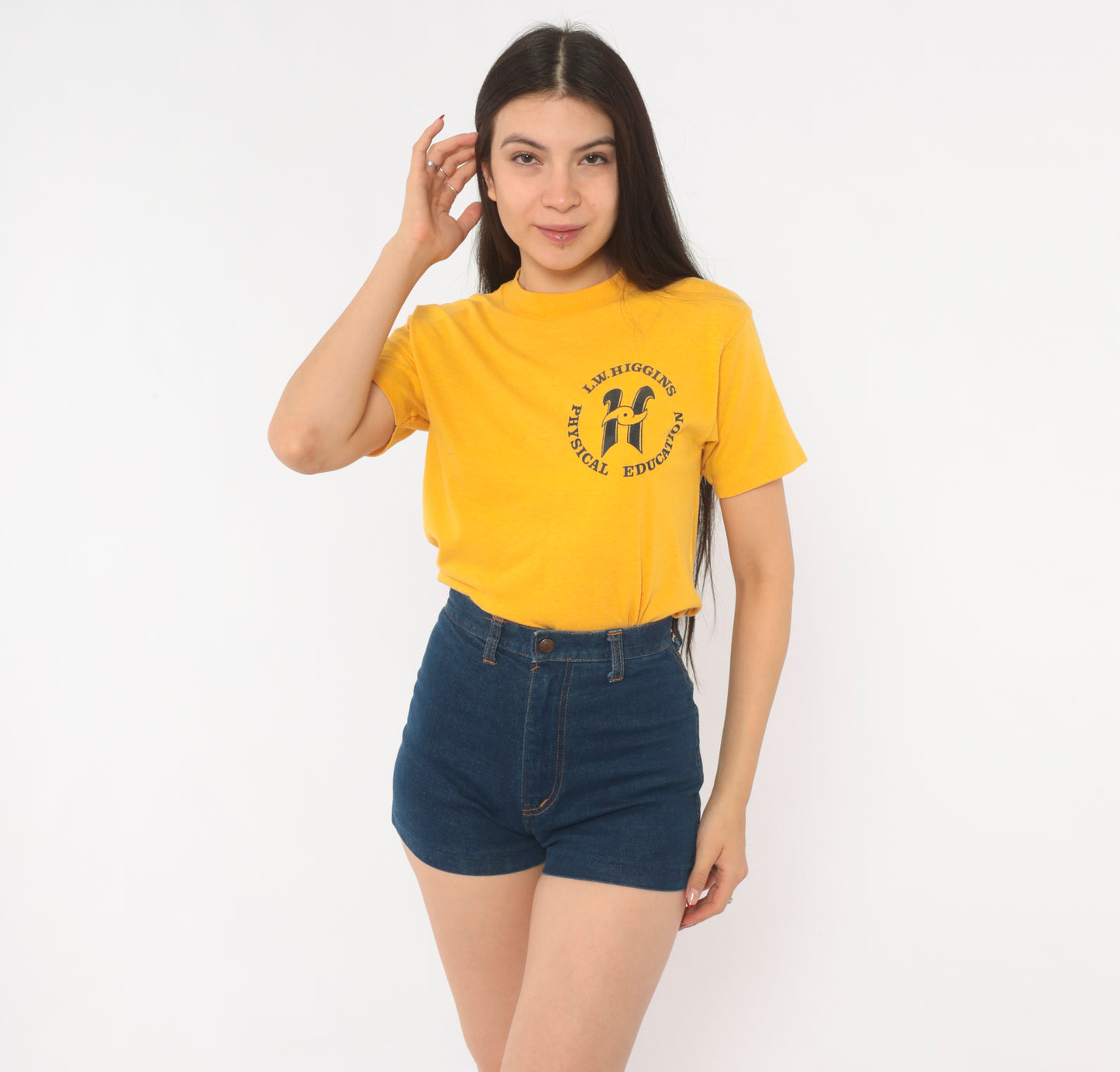 80s L.W. Higgins School Gym Shirt Mustard Physical Education Tee Gold Cotton Print Collegiate Preppy Athletic Vintage Short Sleeve Small S