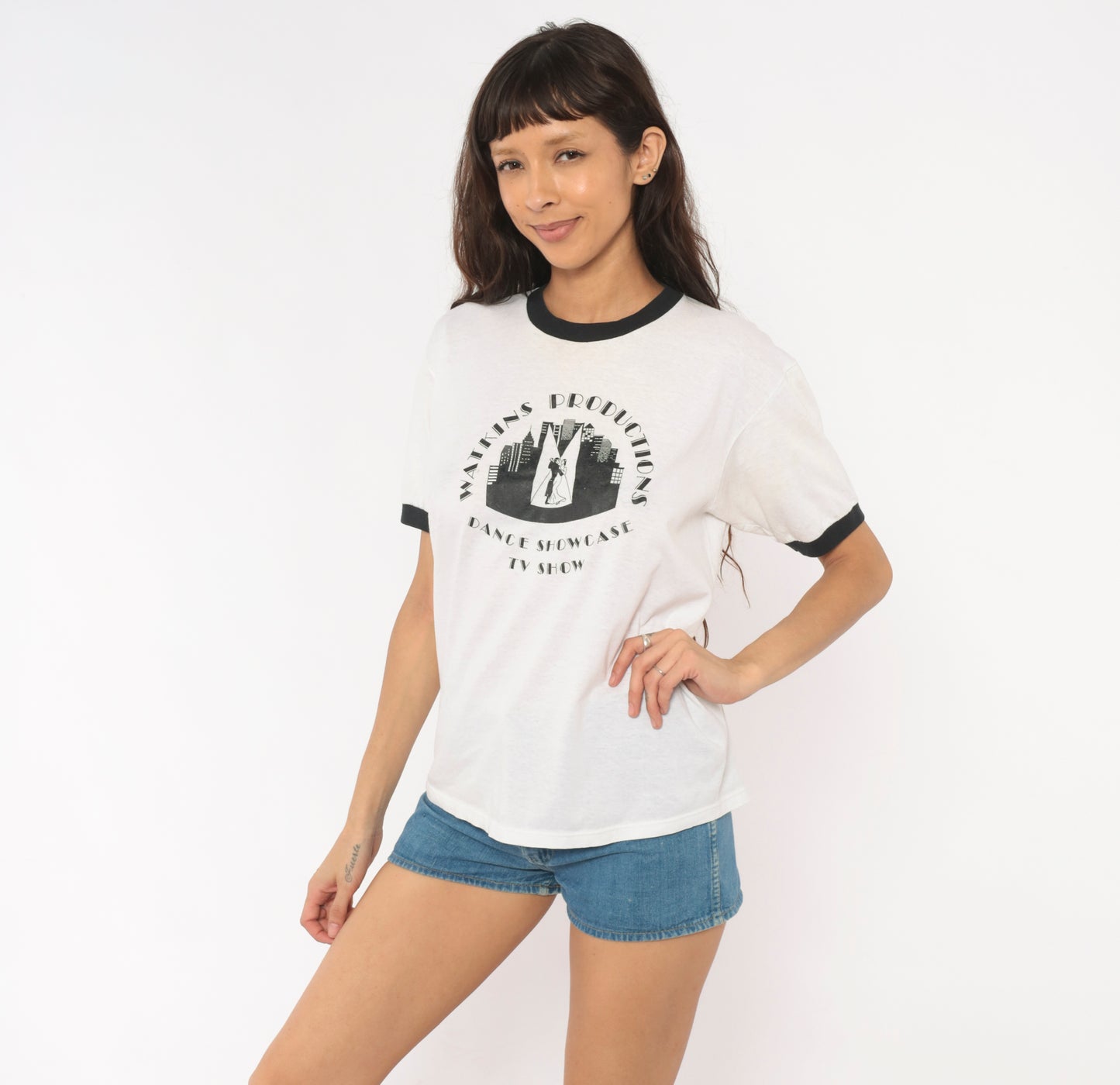 90s Watkins Productions Dance Showcase TV Show Ringer Tee Graphic Print White Black Trim Cotton Vintage Unisex Shirt Top Indie Large L