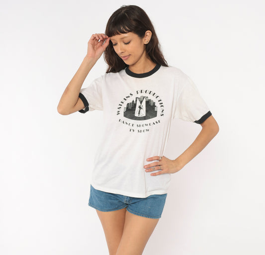 90s Watkins Productions Dance Showcase TV Show Ringer Tee Graphic Print White Black Trim Cotton Vintage Unisex Shirt Top Indie Large L