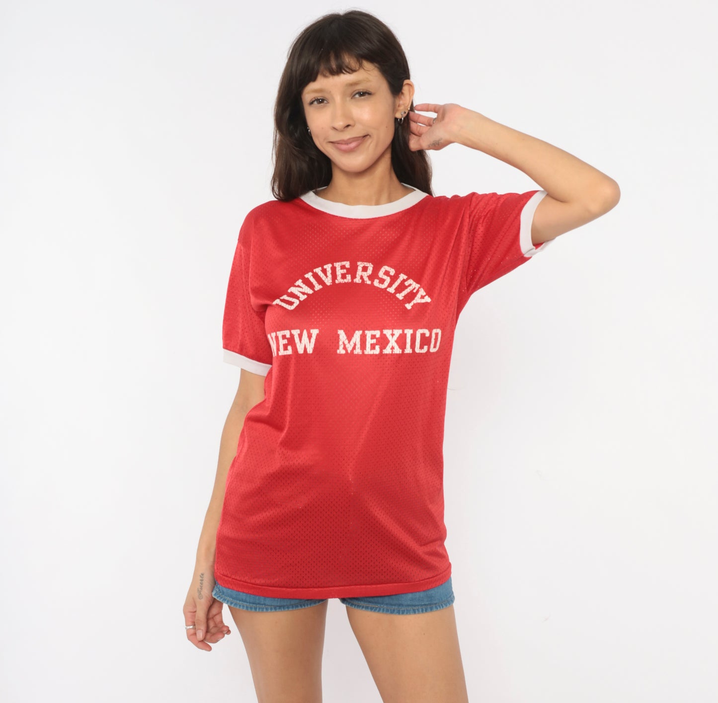 80s University New Mexico Mesh Jersey Red Cherry Athletic Collegiate Ringer Tee Short Sleeve Sporty Varsity Practice Shirt Vintage Medium M