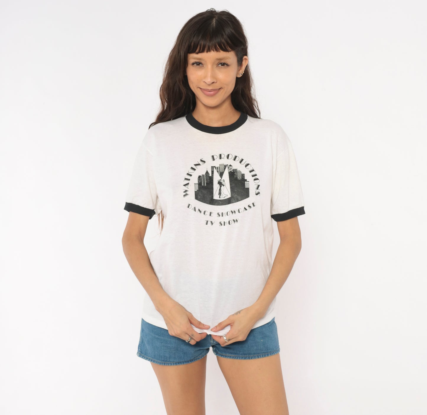 90s Watkins Productions Dance Showcase TV Show Ringer Tee Graphic Print White Black Trim Cotton Vintage Unisex Shirt Top Indie Large L