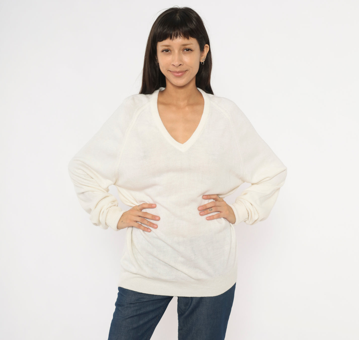 Christian Dior V Neck Sweater 80s Cream Pullover Knit Long Sleeve Tunic Length Off White Vintage Designer Preppy Collegiate Top Large L