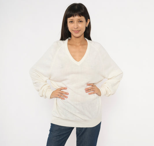 Christian Dior V Neck Sweater 80s Cream Pullover Knit Long Sleeve Tunic Length Off White Vintage Designer Preppy Collegiate Top Large L
