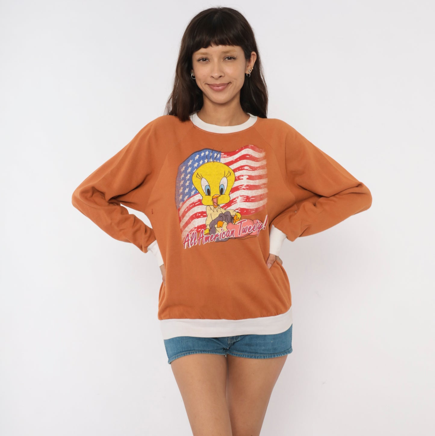 All American Tweety Sweatshirt 90s Looney Tunes Burnt Orange Raglan Sleeve Cartoon Flag Ringer Copper Vintage Warner Bros Sweater Small S