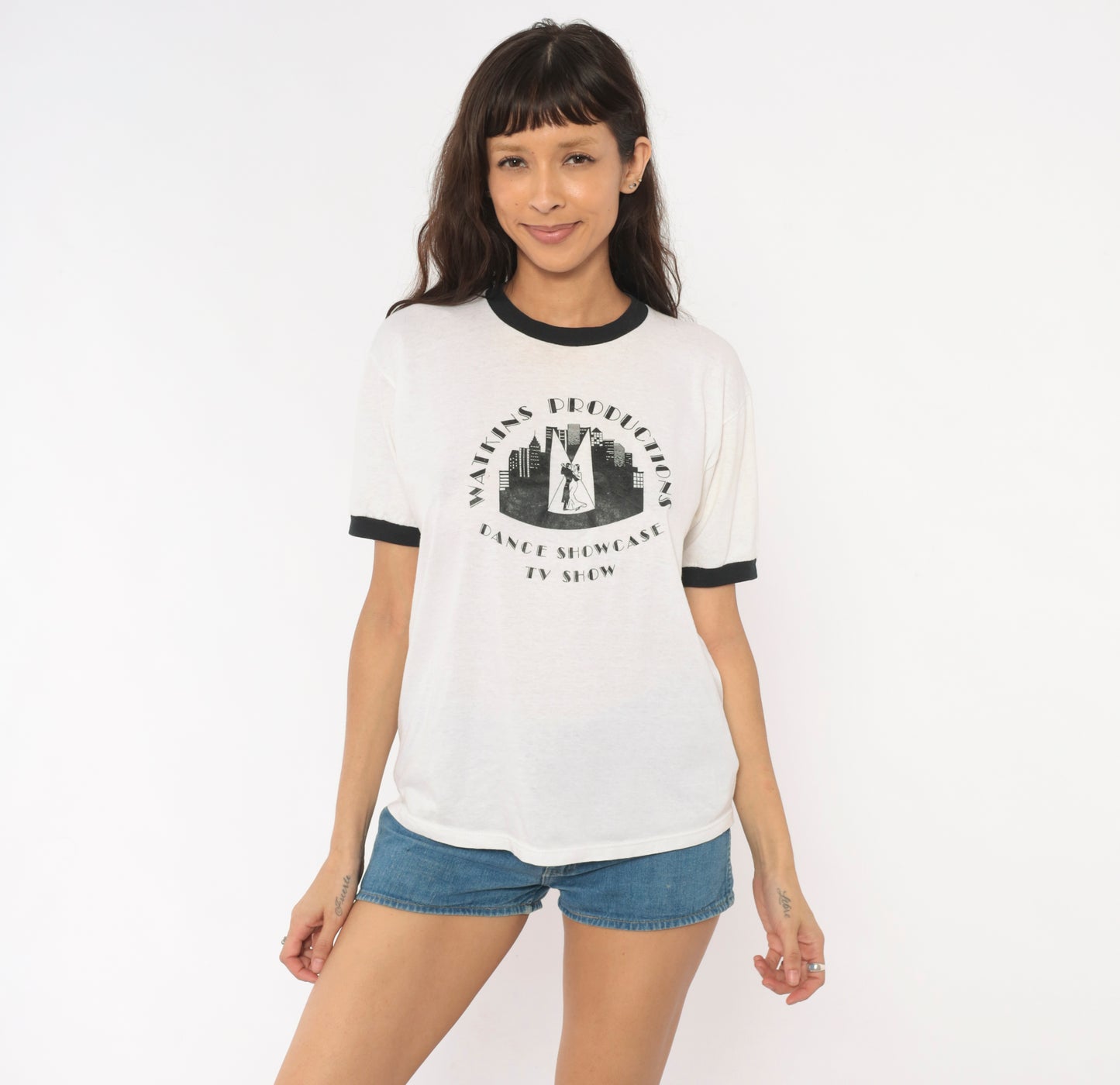 90s Watkins Productions Dance Showcase TV Show Ringer Tee Graphic Print White Black Trim Cotton Vintage Unisex Shirt Top Indie Large L