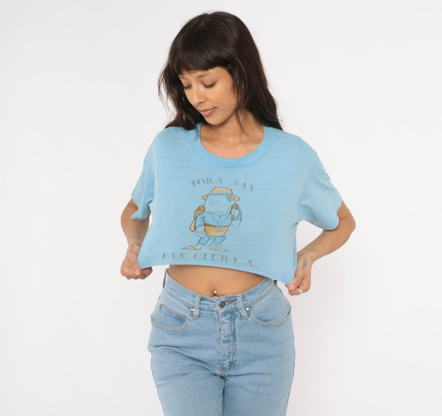 Tora San Fan Club LA Crop Top 80s Japanese Film Cartoon Graphic Tee Light Blue Cotton Cropped Baby Shirt Anime Character Vintage Medium M