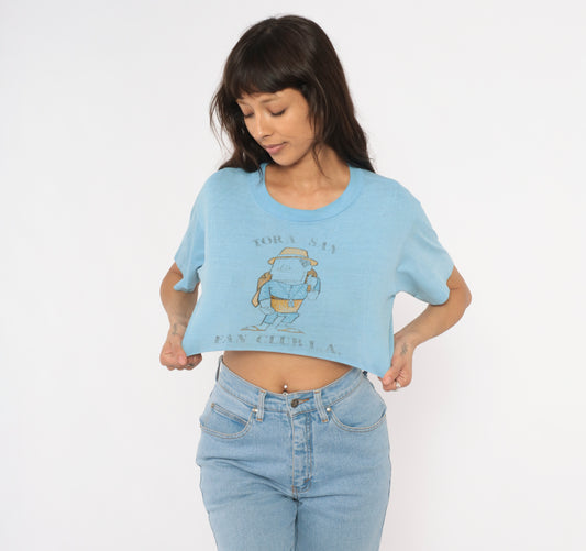 Tora San Fan Club LA Crop Top 80s Japanese Film Cartoon Graphic Tee Light Blue Cotton Cropped Baby Shirt Anime Character Vintage Medium M