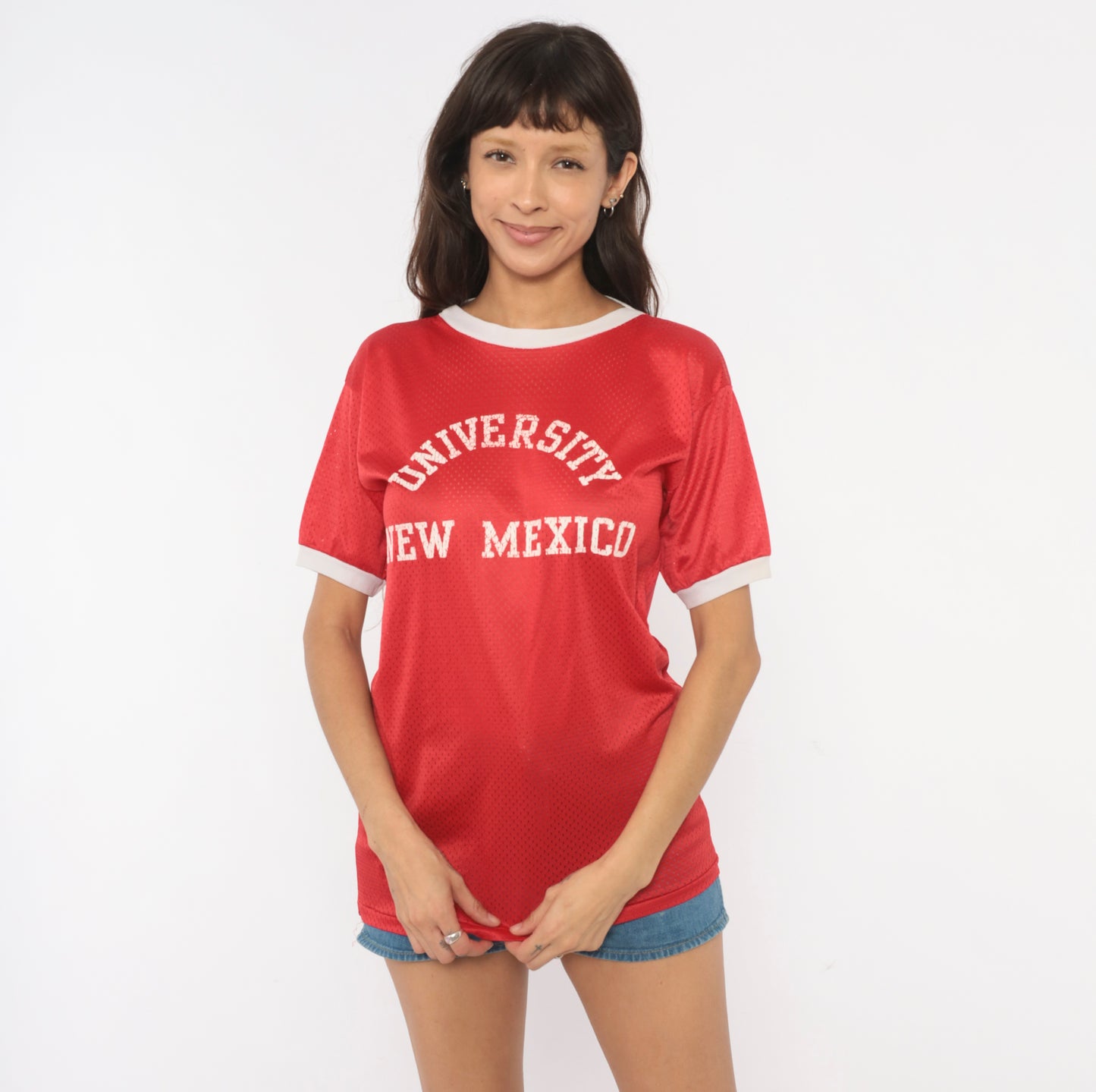 80s University New Mexico Mesh Jersey Red Cherry Athletic Collegiate Ringer Tee Short Sleeve Sporty Varsity Practice Shirt Vintage Medium M