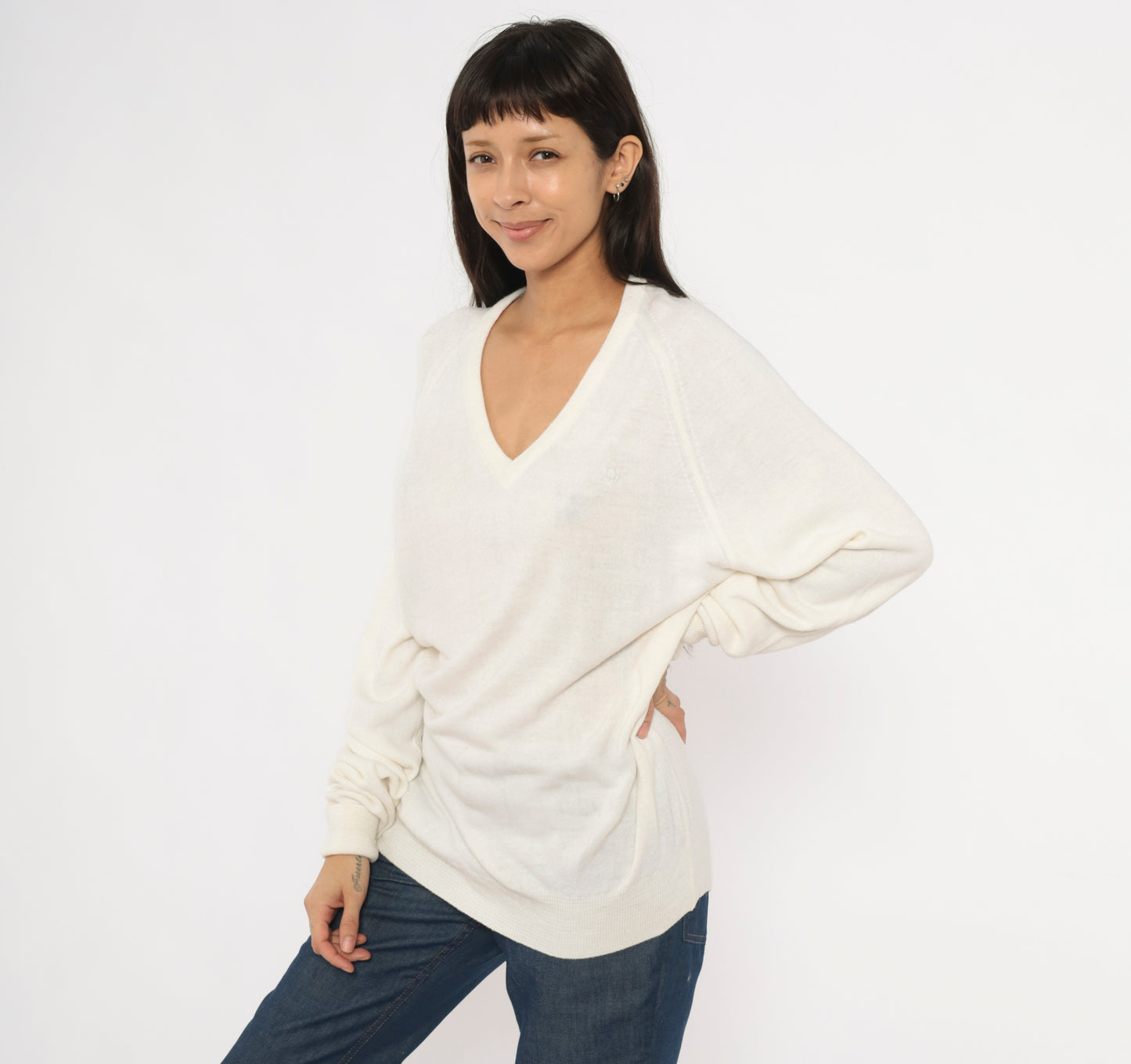 Christian Dior V Neck Sweater 80s Cream Pullover Knit Long Sleeve Tunic Length Off White Vintage Designer Preppy Collegiate Top Large L