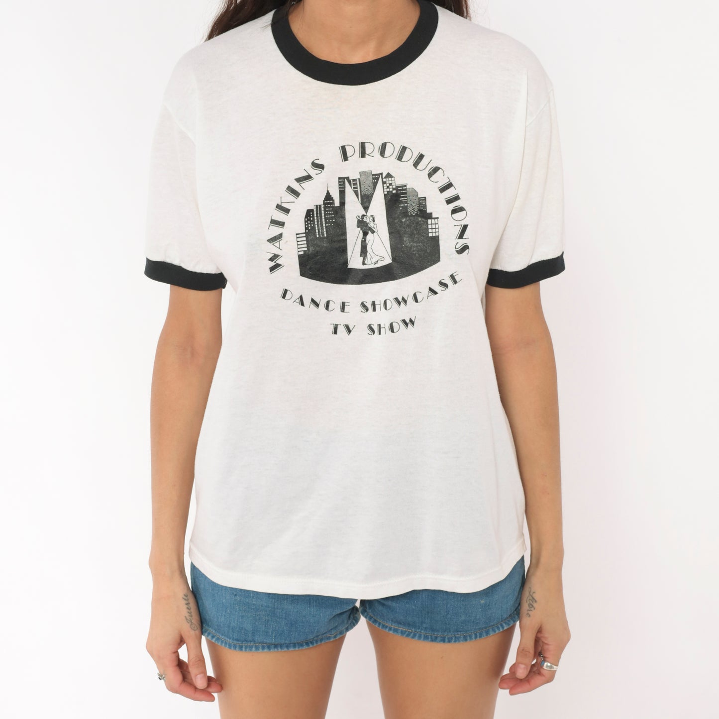 90s Watkins Productions Dance Showcase TV Show Ringer Tee Graphic Print White Black Trim Cotton Vintage Unisex Shirt Top Indie Large L