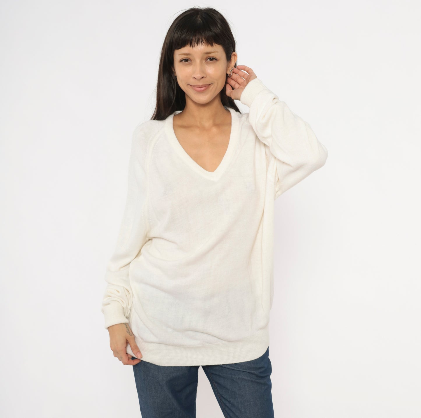 Christian Dior V Neck Sweater 80s Cream Pullover Knit Long Sleeve Tunic Length Off White Vintage Designer Preppy Collegiate Top Large L