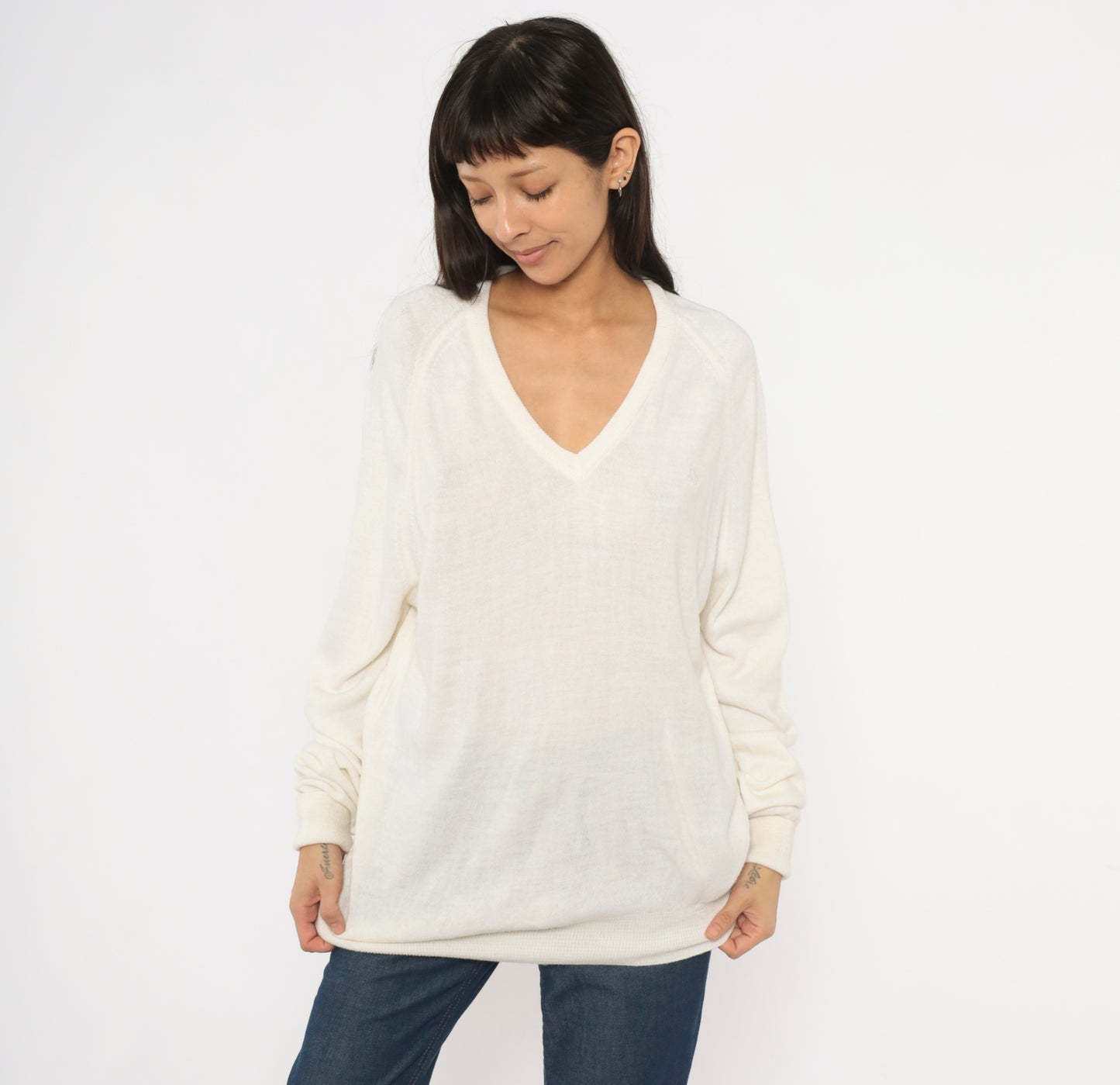 Christian Dior V Neck Sweater 80s Cream Pullover Knit Long Sleeve Tunic Length Off White Vintage Designer Preppy Collegiate Top Large L