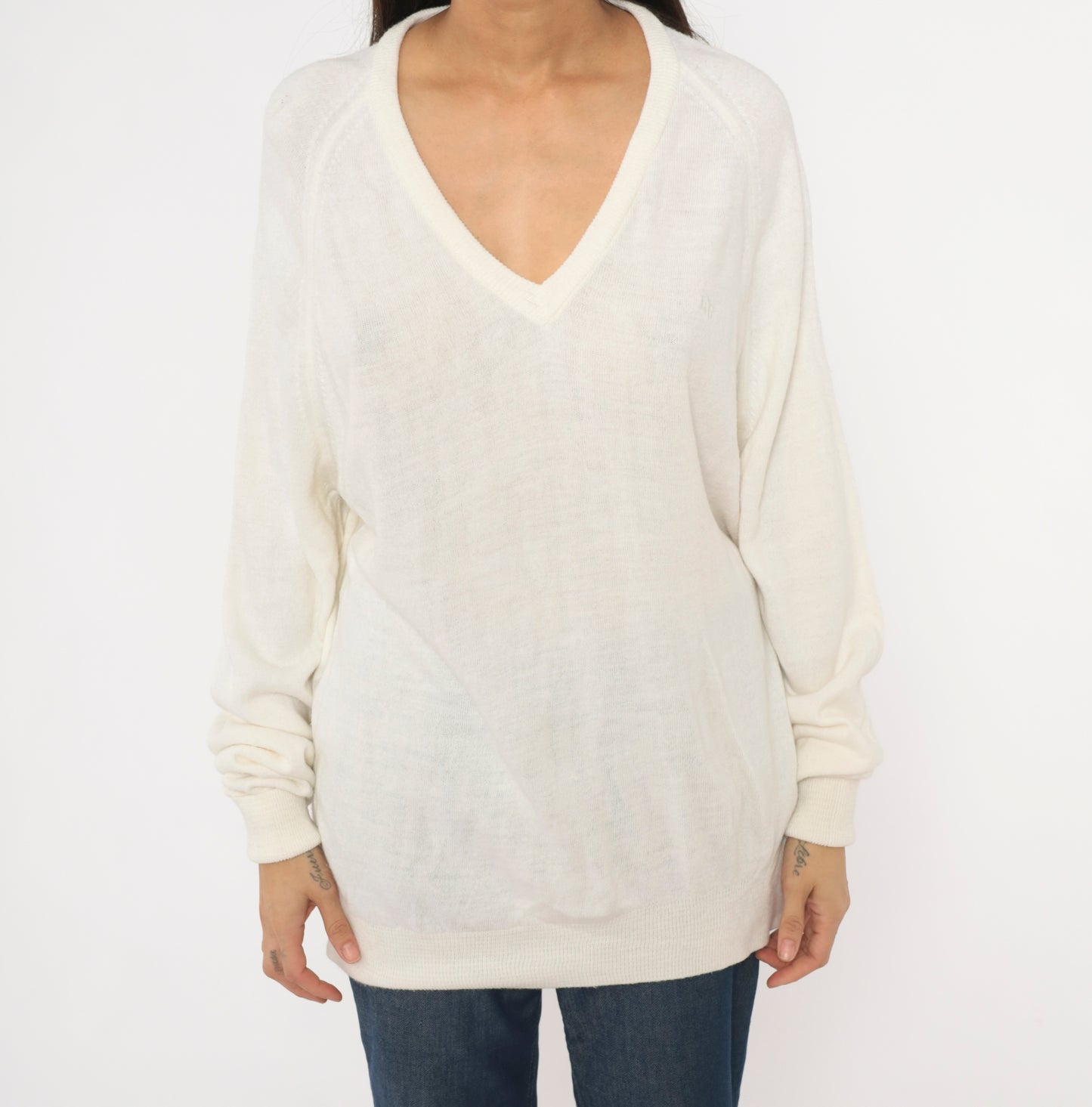Christian Dior V Neck Sweater 80s Cream Pullover Knit Long Sleeve Tunic Length Off White Vintage Designer Preppy Collegiate Top Large L