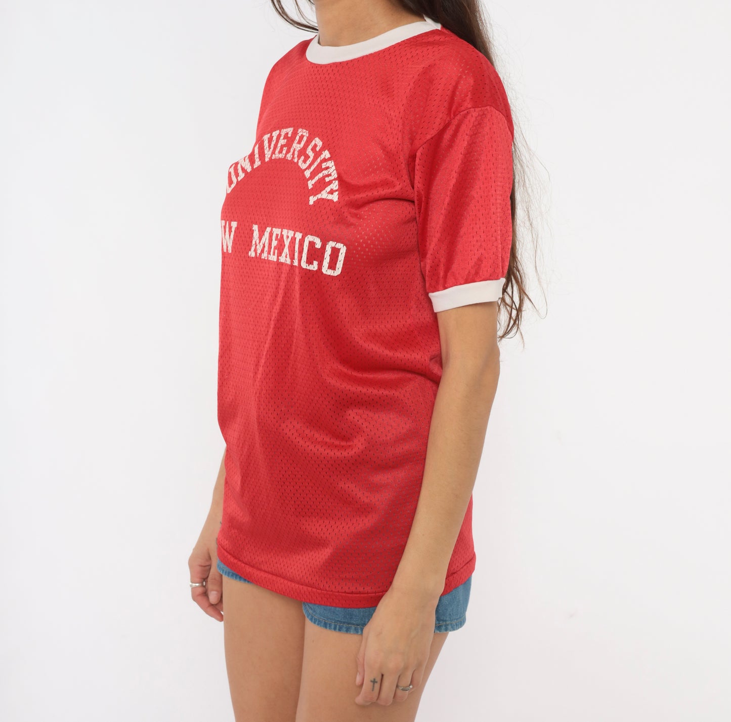 80s University New Mexico Mesh Jersey Red Cherry Athletic Collegiate Ringer Tee Short Sleeve Sporty Varsity Practice Shirt Vintage Medium M