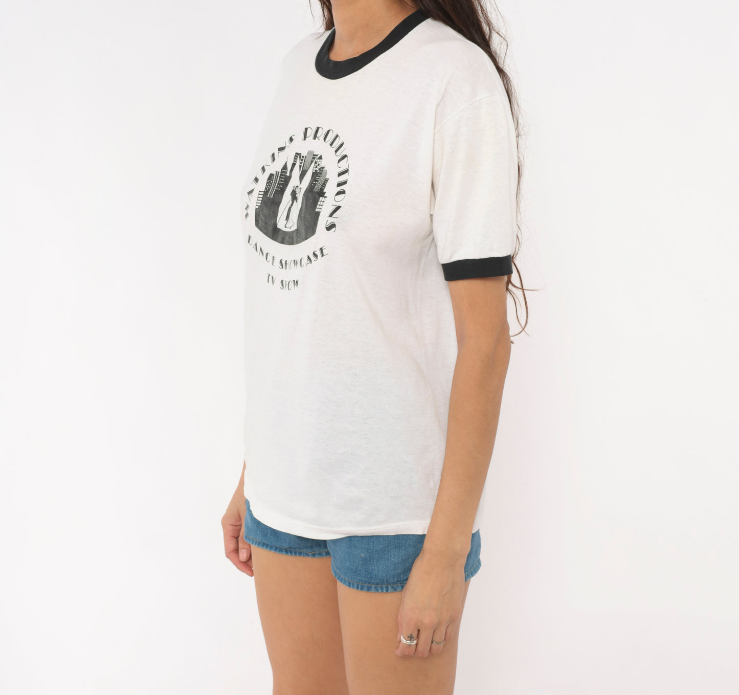 90s Watkins Productions Dance Showcase TV Show Ringer Tee Graphic Print White Black Trim Cotton Vintage Unisex Shirt Top Indie Large L