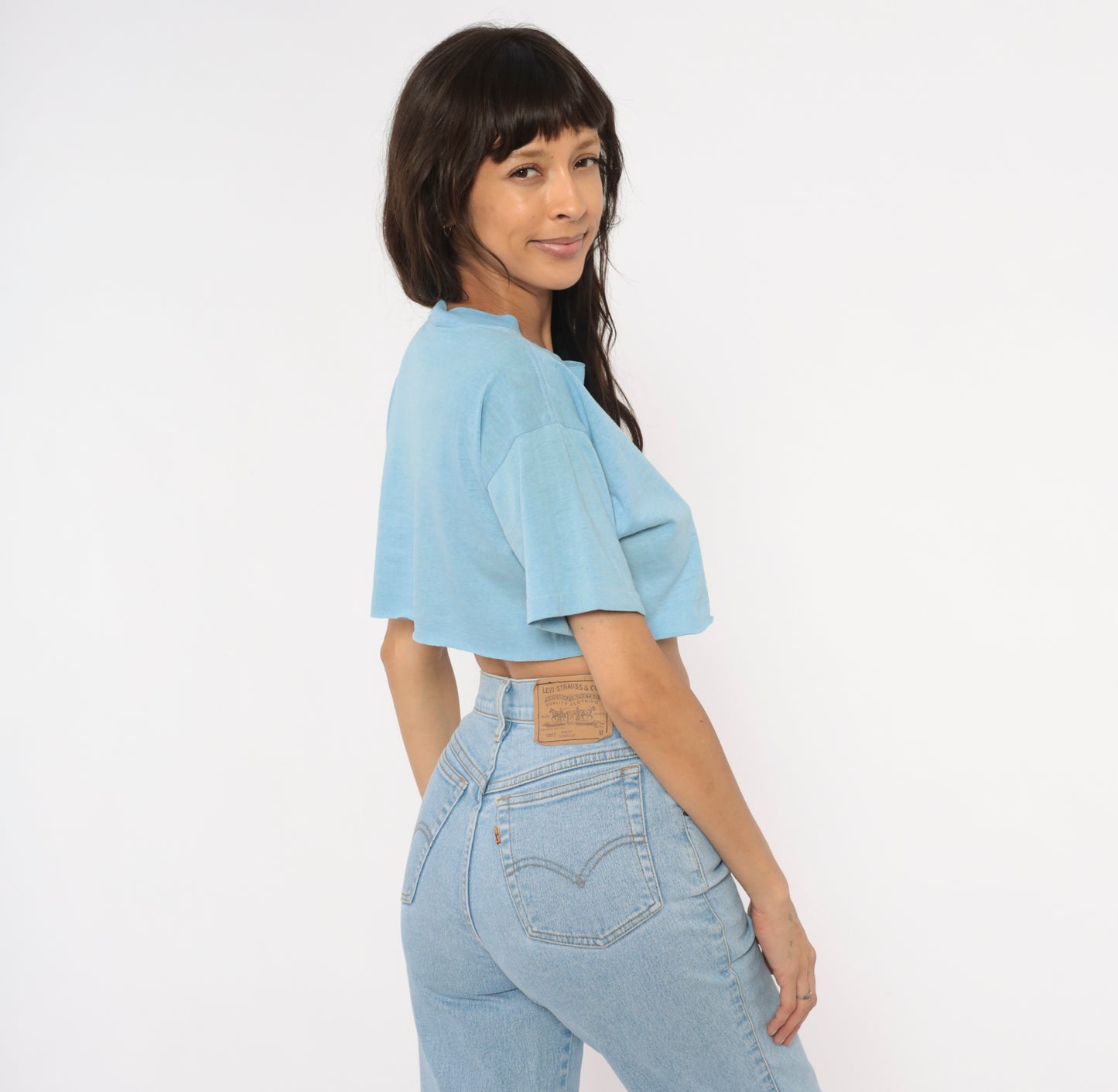 Tora San Fan Club LA Crop Top 80s Japanese Film Cartoon Graphic Tee Light Blue Cotton Cropped Baby Shirt Anime Character Vintage Medium M