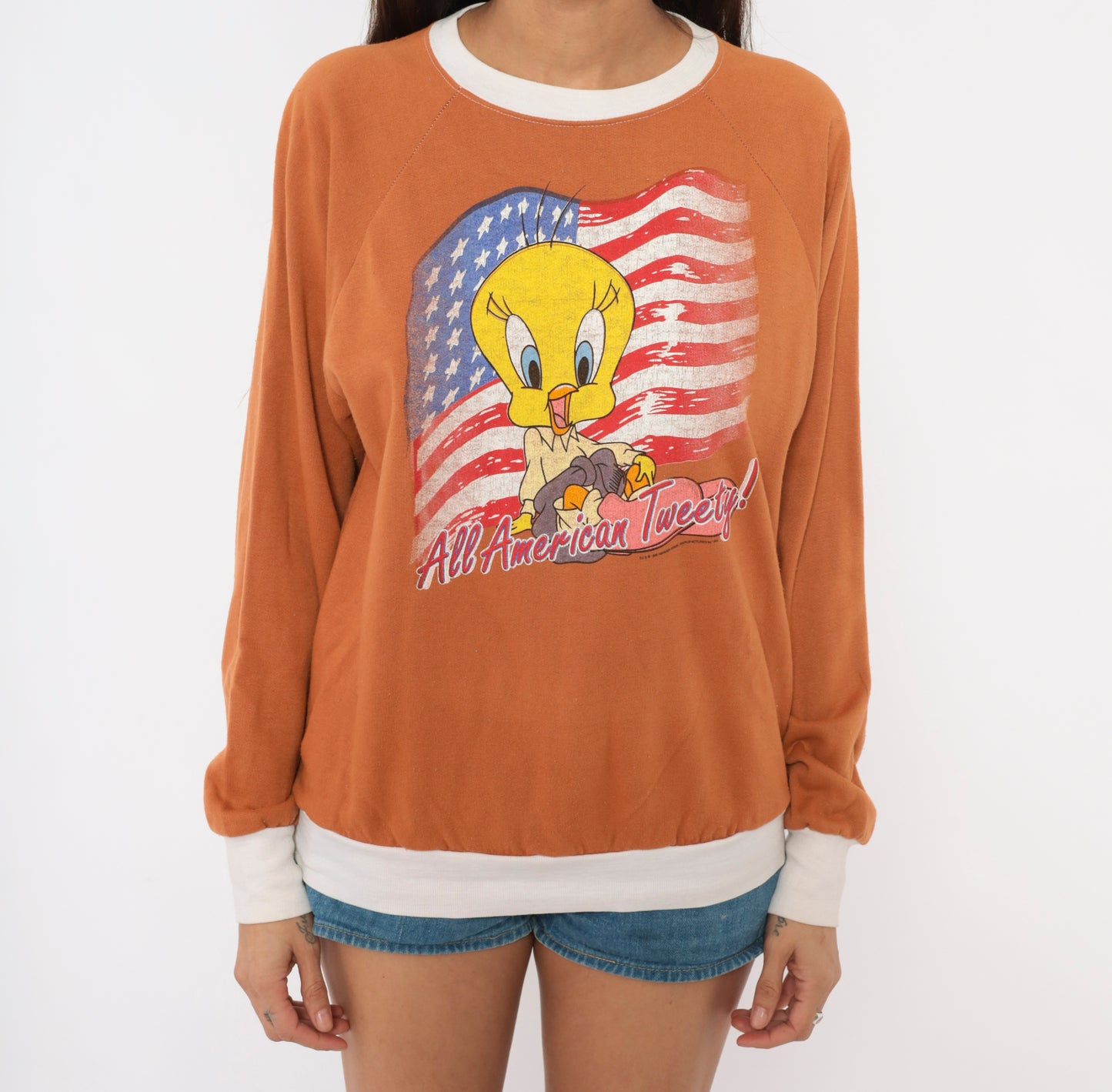 All American Tweety Sweatshirt 90s Looney Tunes Burnt Orange Raglan Sleeve Cartoon Flag Ringer Copper Vintage Warner Bros Sweater Small S
