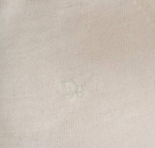 Christian Dior V Neck Sweater 80s Cream Pullover Knit Long Sleeve Tunic Length Off White Vintage Designer Preppy Collegiate Top Large L